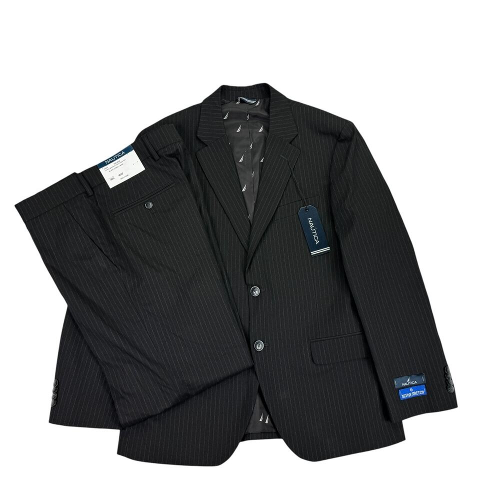 Nautica Mens 2-Piece Modern Fit Active Stretch Pinstripe Suit Black 38S 32W